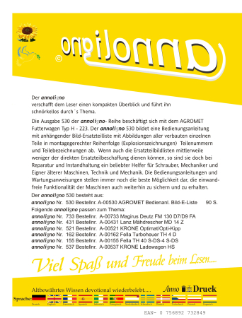 AGROMET Futterwagen Typ H- 223 Bedienungsanleitung & Bild- Ersatzteilliste & Explosionszeichnungen - annoligno 530